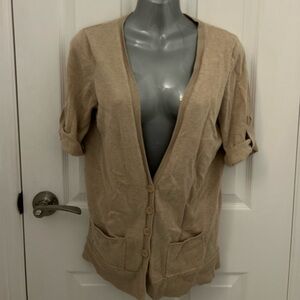 Women's Tan Cardigan, Short Sleeve Sweater, Sz L